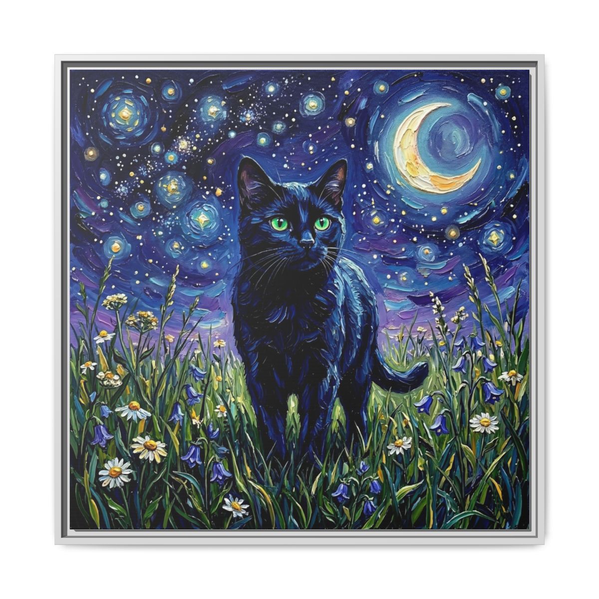 "Amongst The Flowers - Black Cat" Framed Canvas Wall Art