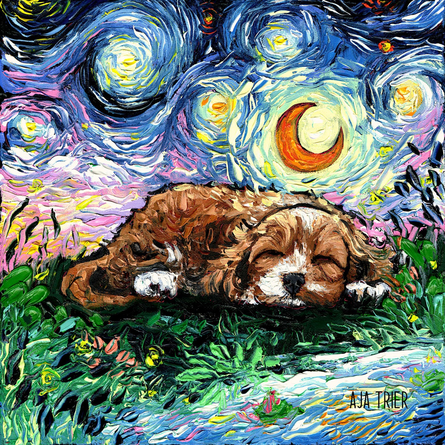 Sleepy Cockapoo Night, 12x12 inches oil on canvas