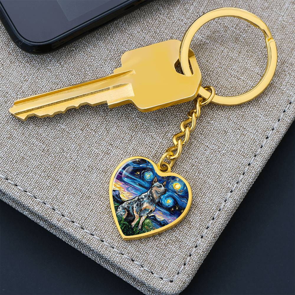Blue Heeler Starry Night Heart Keychain
