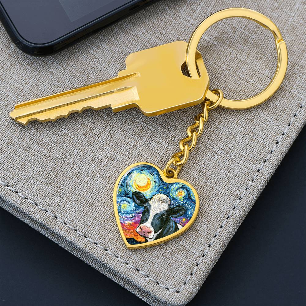 Holstein Cow Starry Night Heart Keychain