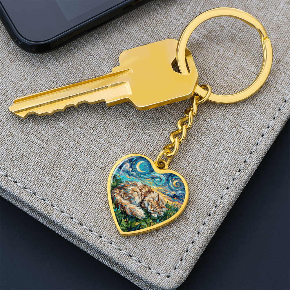 Sleepy Maine Coon Night Heart Keychain