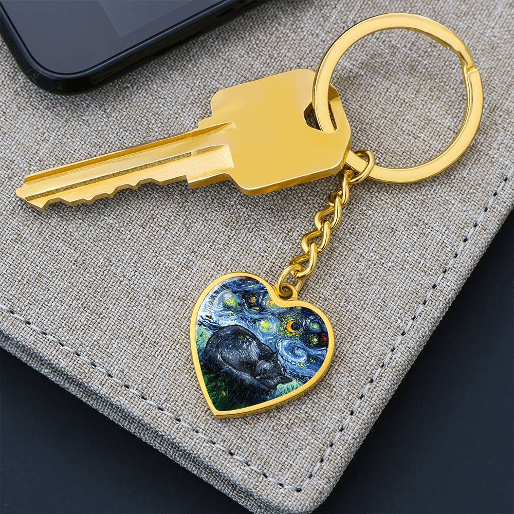 Sleeping Black Cat Starry Night Heart Keychain