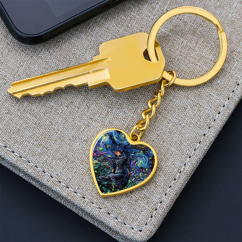 Long Hair Black and Tan Dachshund Starry Night Heart Keychain