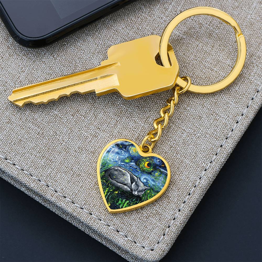 Russian Blue Cat Starry Night Heart Keychain