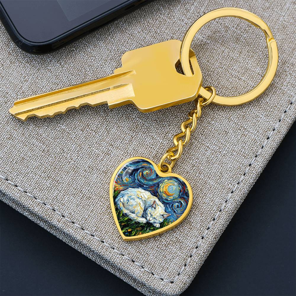 Sleepy White Cat Night Heart Keychain