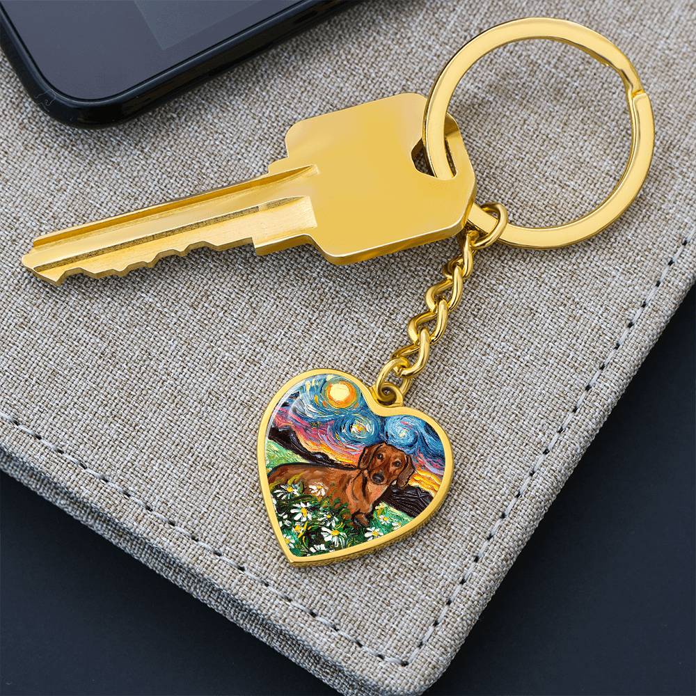 Brown Dachshund and Flowers Starry Night Heart Keychain