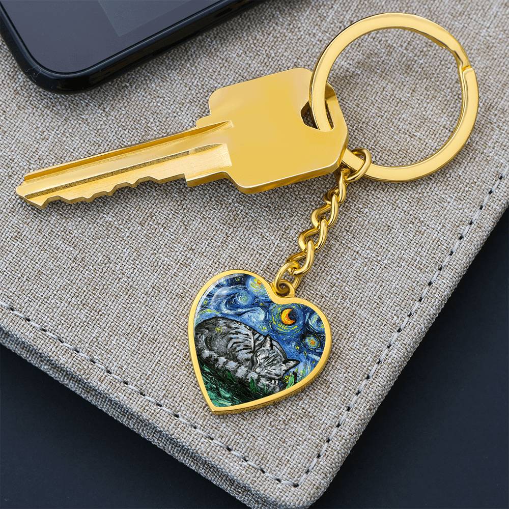 Sleeping Gray Tabby Starry Night Heart Keychain