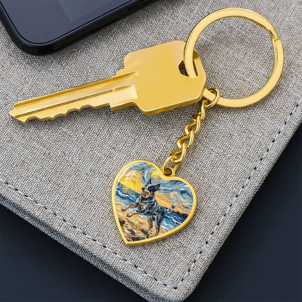 Frolicking Blue Heeler at the Beach Heart Keychain