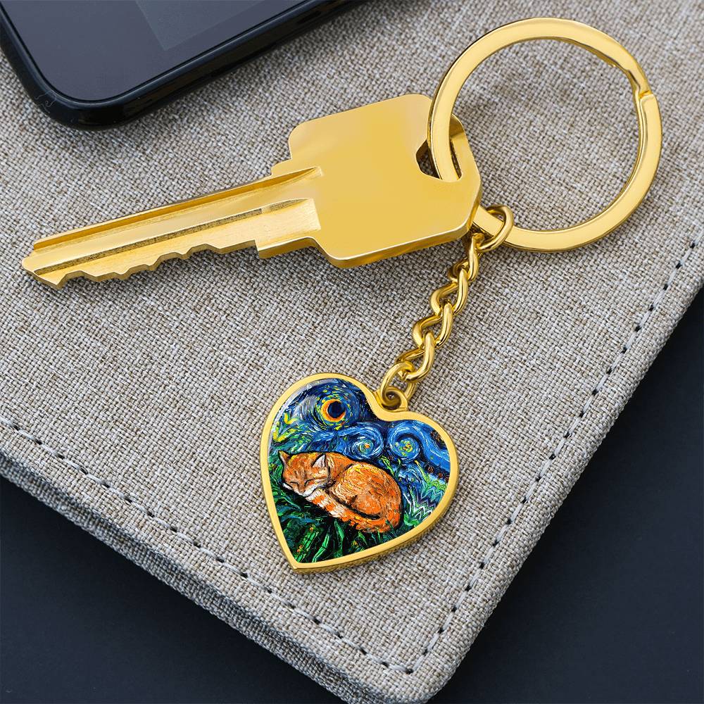 Sleeping Orange Tabby Cat Starry Night Heart Keychain