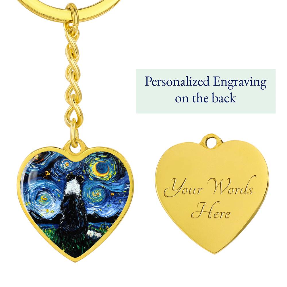 Border Collie Starry Night Heart Keychain