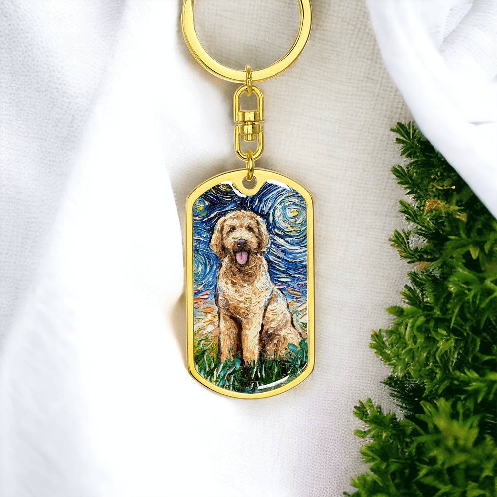 Goldendoodle Starry Night Dog Tag Keychain