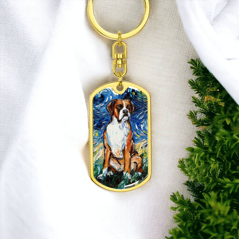 Boxer Starry Night Dog Tag Keychain