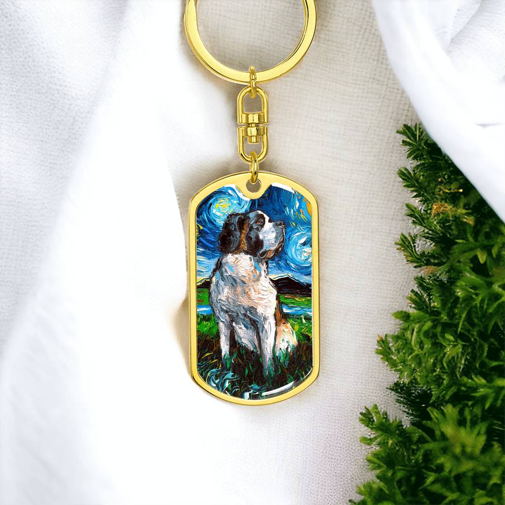 Saint Bernard Starry Night Dog Tag Keychain