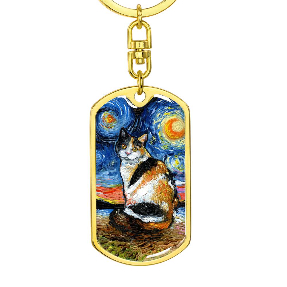 Calico Starry Night Dog Tag Keychain