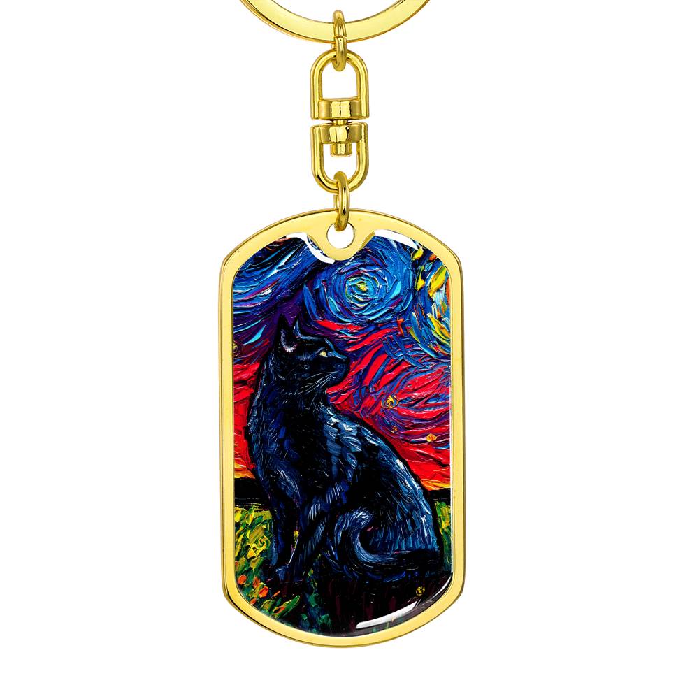 Black Cat Starry Night Dog Tag Keychain