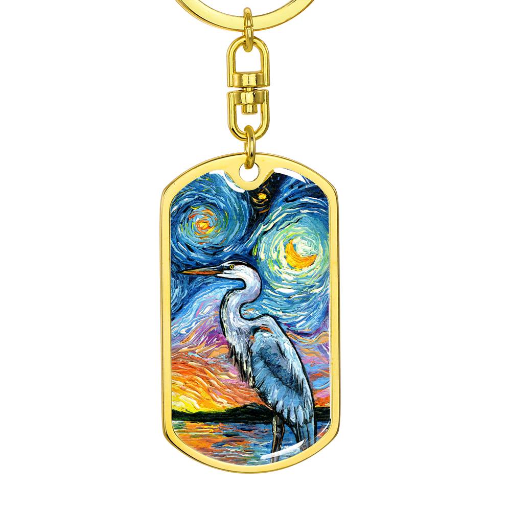 Blue Heron Starry Night Dog Tag Keychain