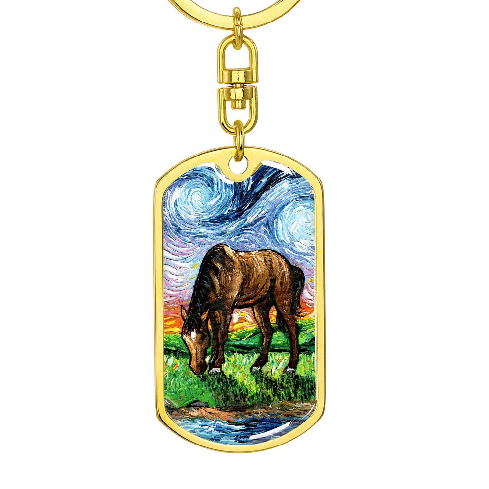 Horse in Meadow Starry Night Dog Tag Keychain
