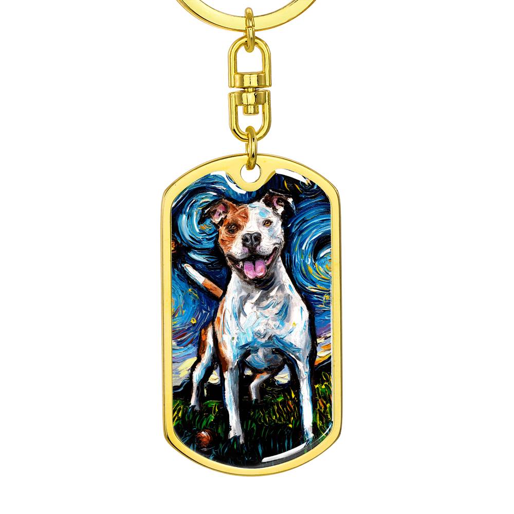 Happy Pitbull Starry Night Dog Tag Keychain