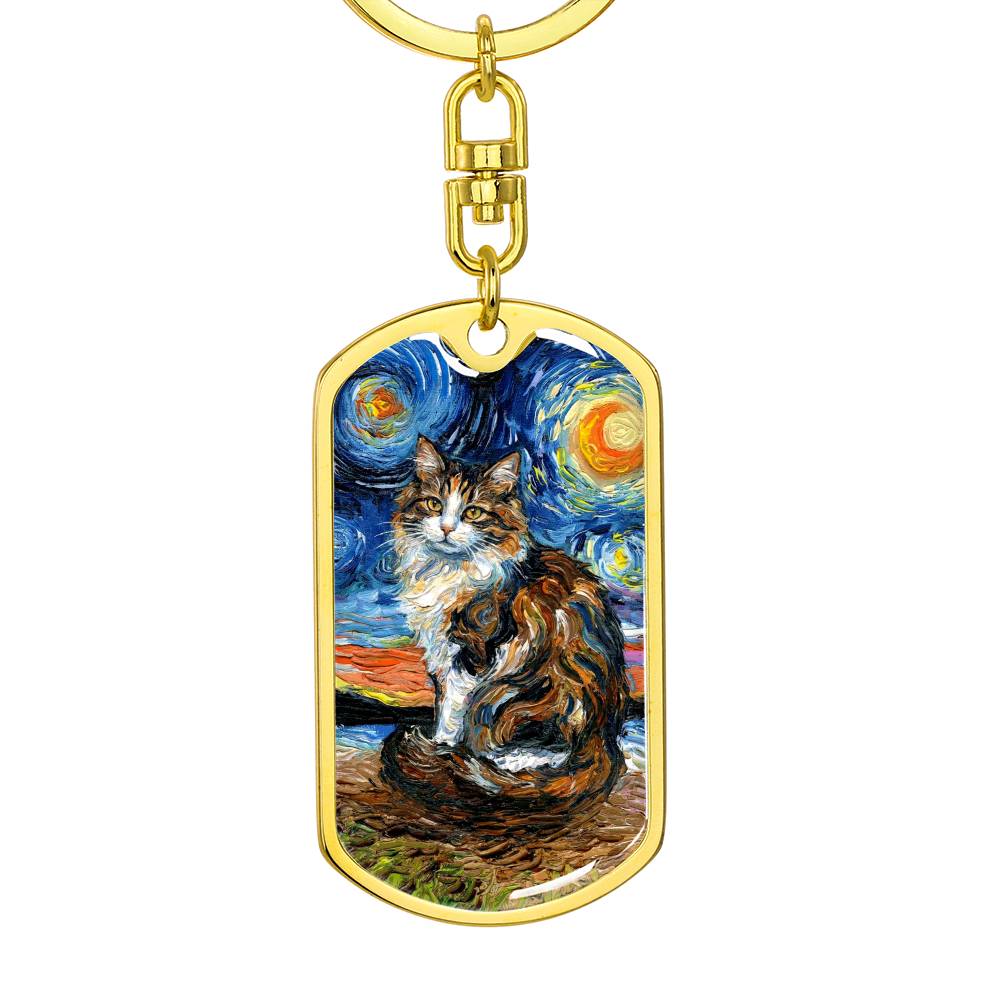 Calico Cat 2 Starry Night Dog Tag Keychain