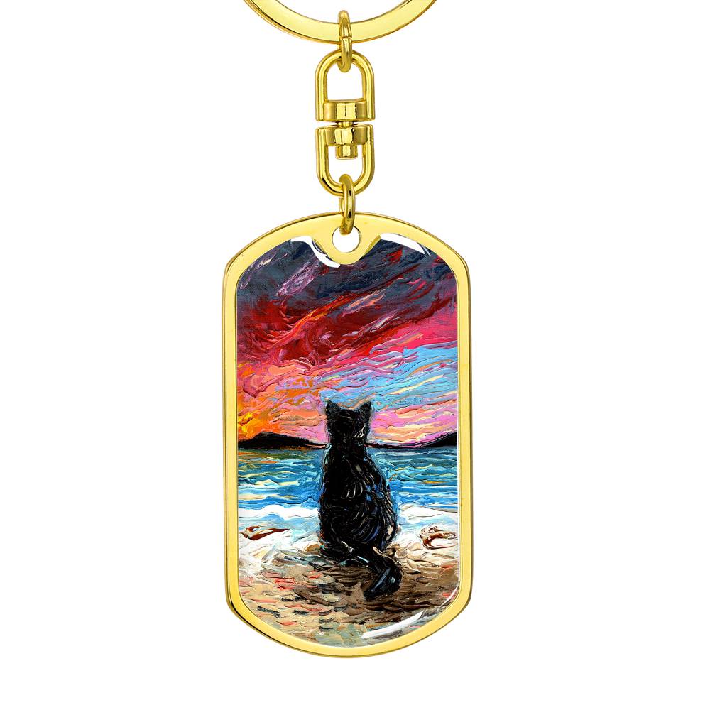 Beach Days - Black Cat Starry Night Dog Tag Keychain