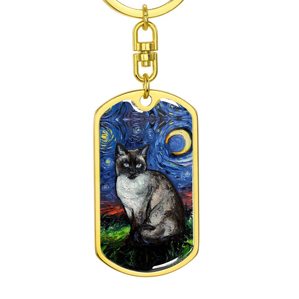 Siamese Cat Starry Night Dog Tag Keychain
