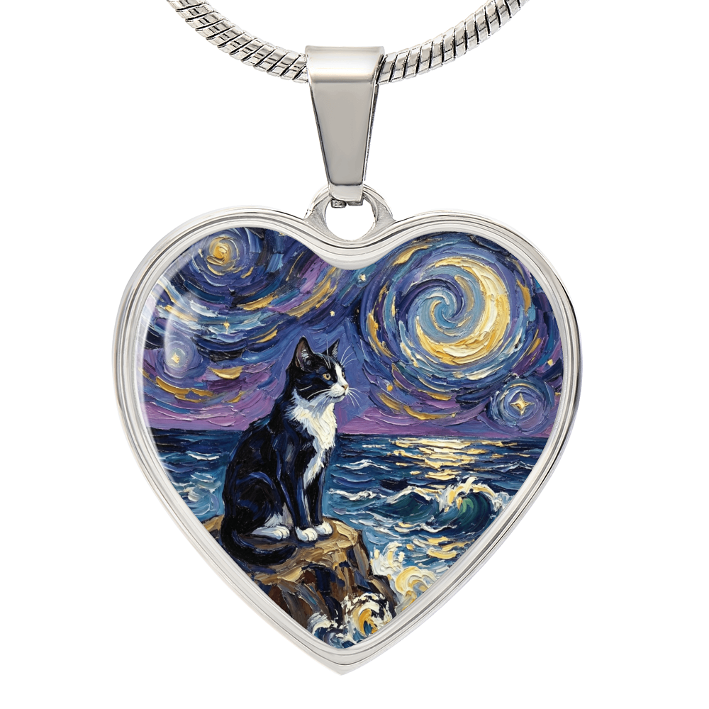 Beach Nights - Tuxedo Cat Heart Necklace