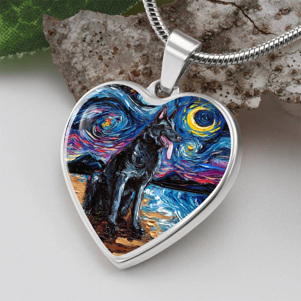Black German Shepherd Starry Night Heart Necklace