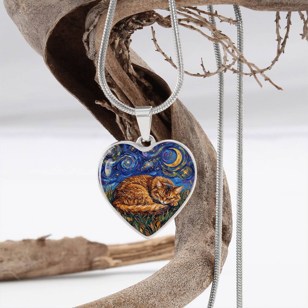 Sleepy Somali Cat Night Heart Necklace