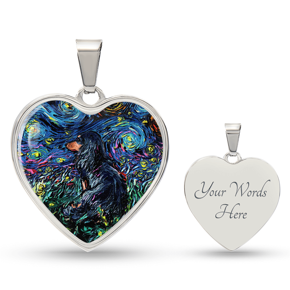 Black and Tan Long Hair Dachshund Starry Night Heart Necklace