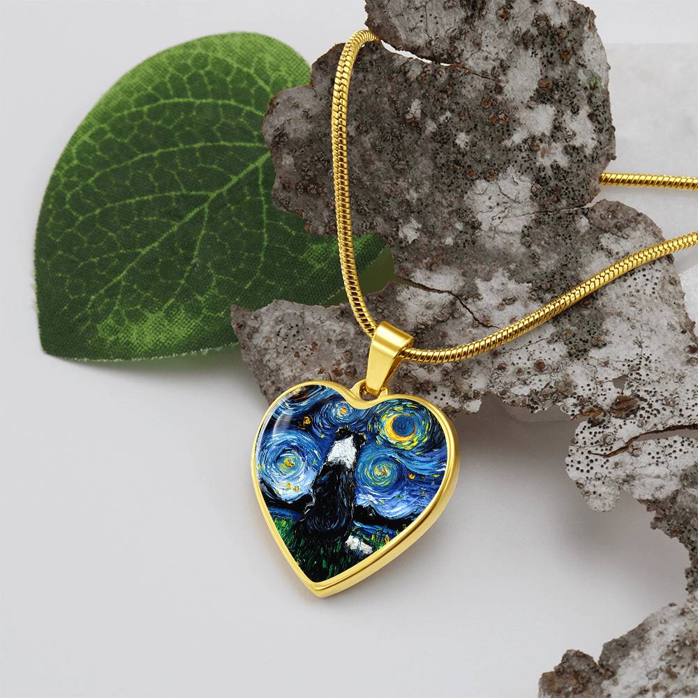 Border Collie Back Starry Night Heart Necklace
