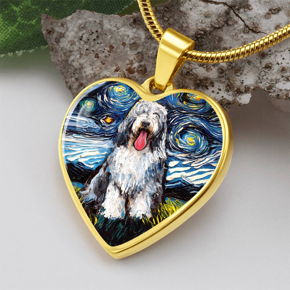 Bearded Collie Starry Night Heart Necklace