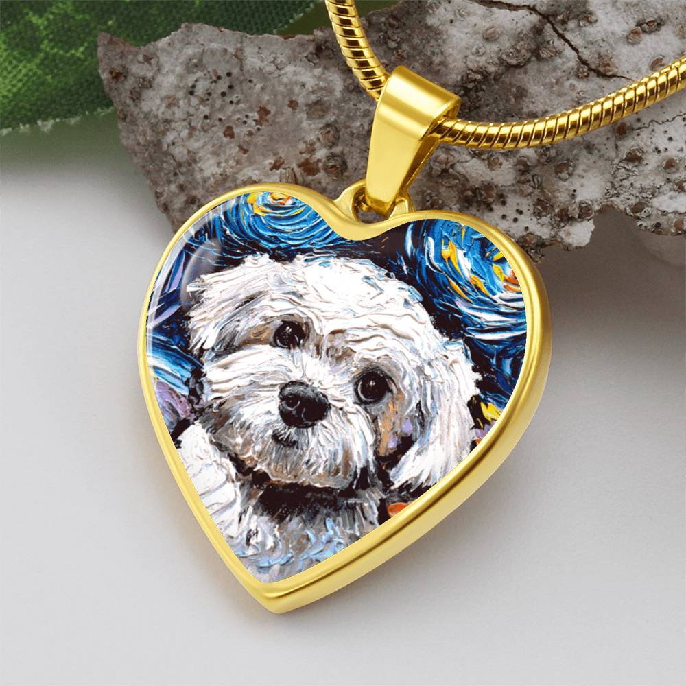 Maltipoo Portrait Starry Night Heart Necklace