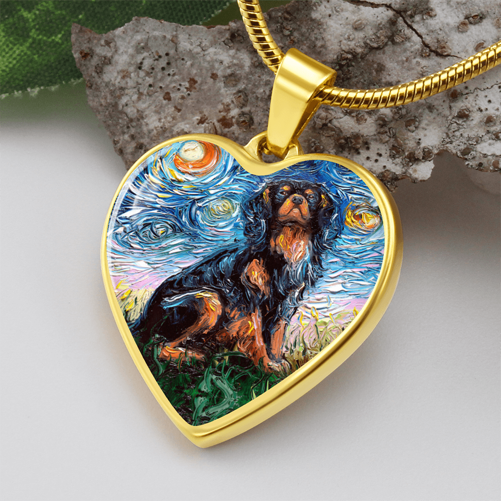 Black and Tan Cavalier King Charles Spaniel Starry Night Heart Necklace