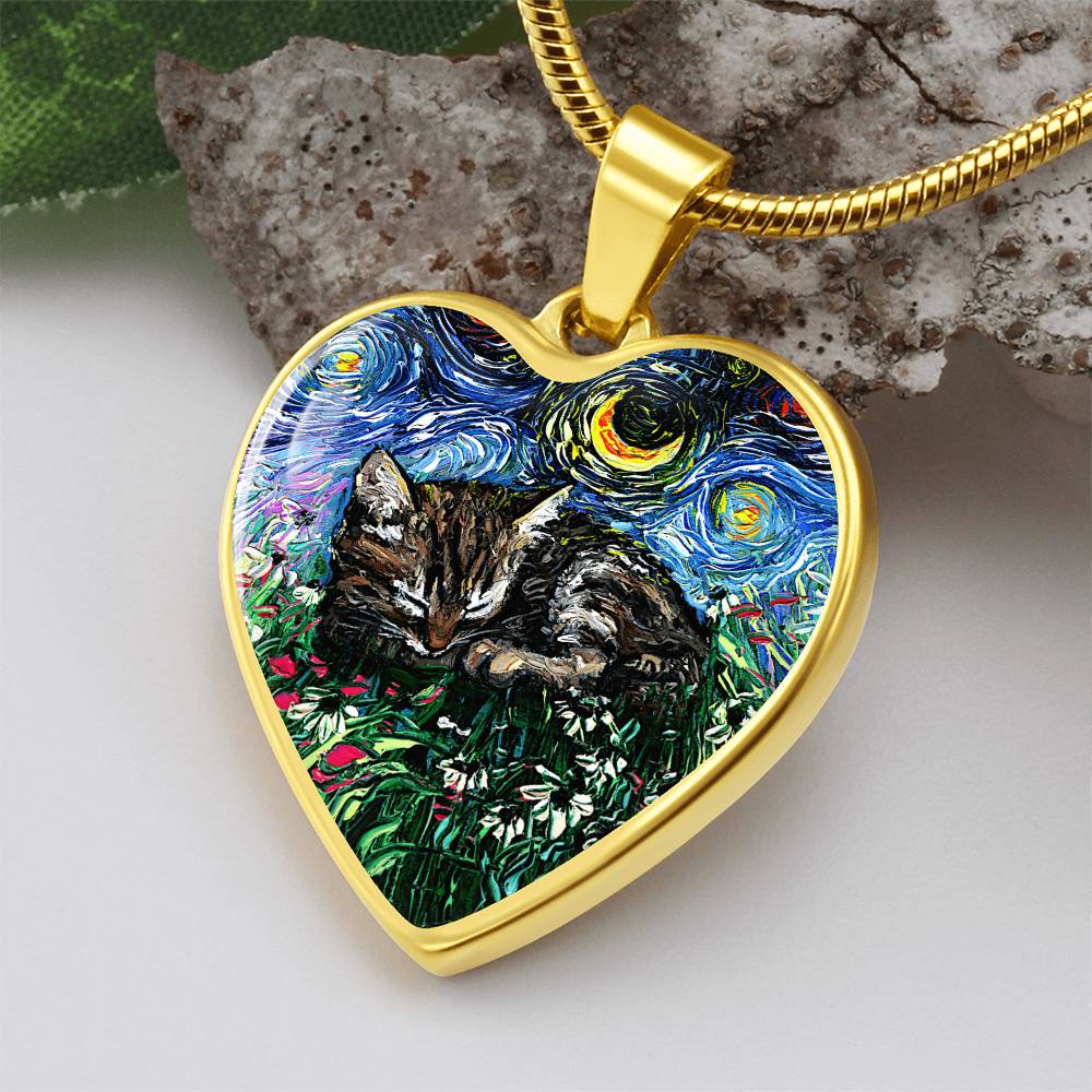 Tabby Kitten Starry Night Heart Necklace