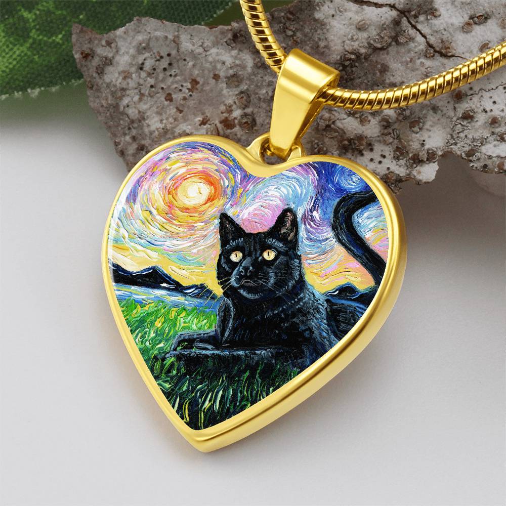 Black Cat and Sunset Starry Night Heart Necklace