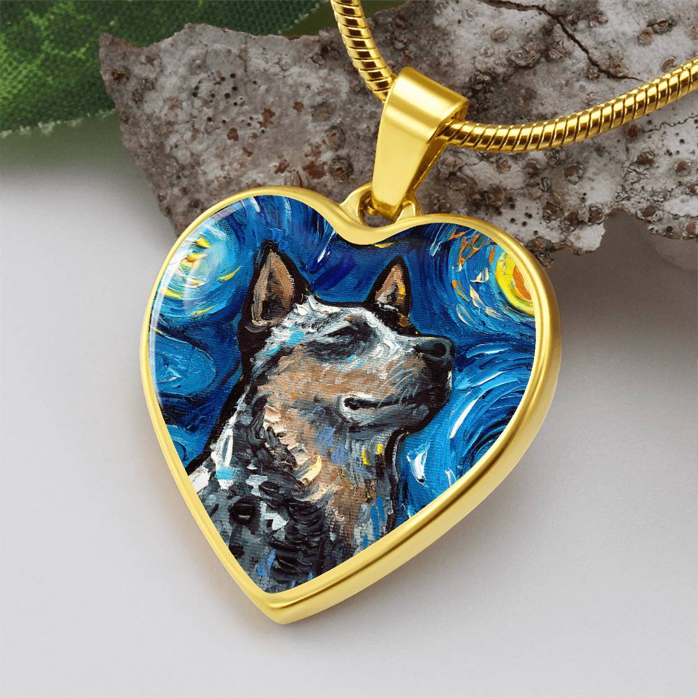 Blue Heeler Portrait Starry Night Heart Necklace