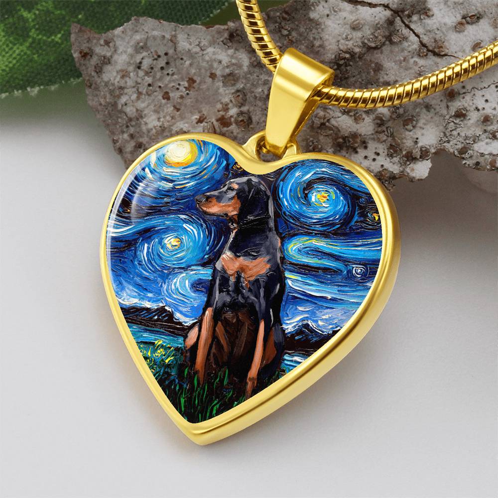 Black and Tan Coonhound Starry Night Heart Necklace