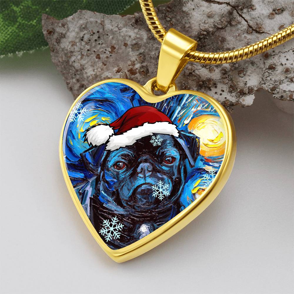Santa Black Pug Heart Necklace