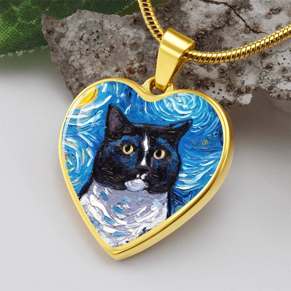 Tuxedo Cat Portrait Starry Night Heart Necklace