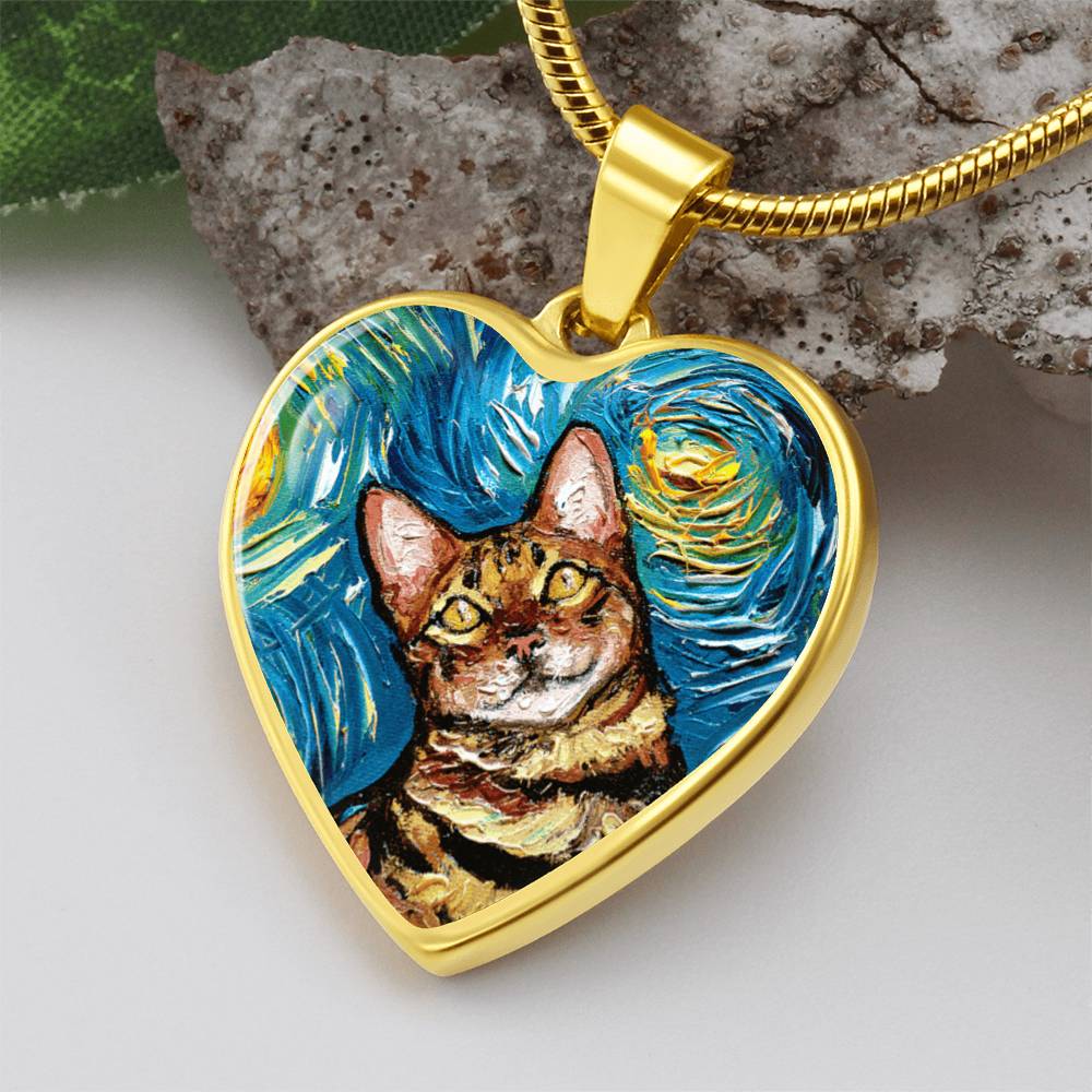 Bengal Cat Starry Night Heart Necklace