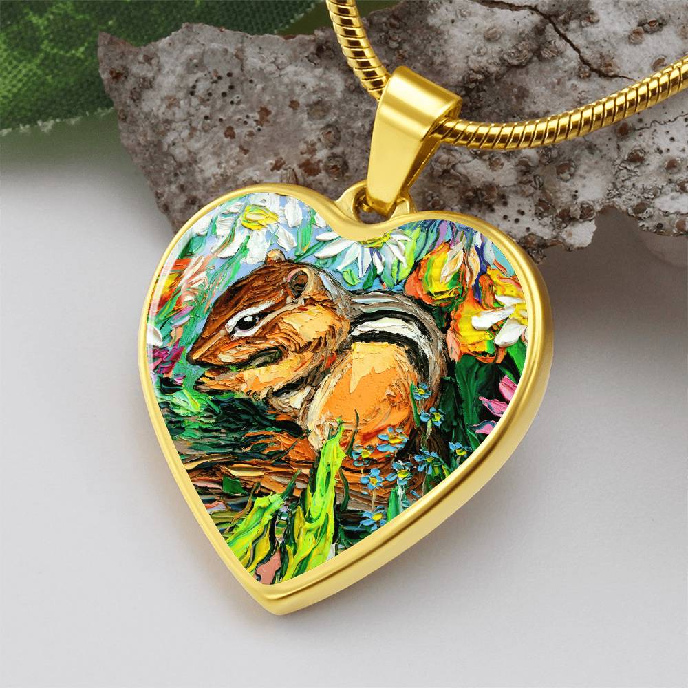 Chipmunk in Spring Garden Heart Necklace