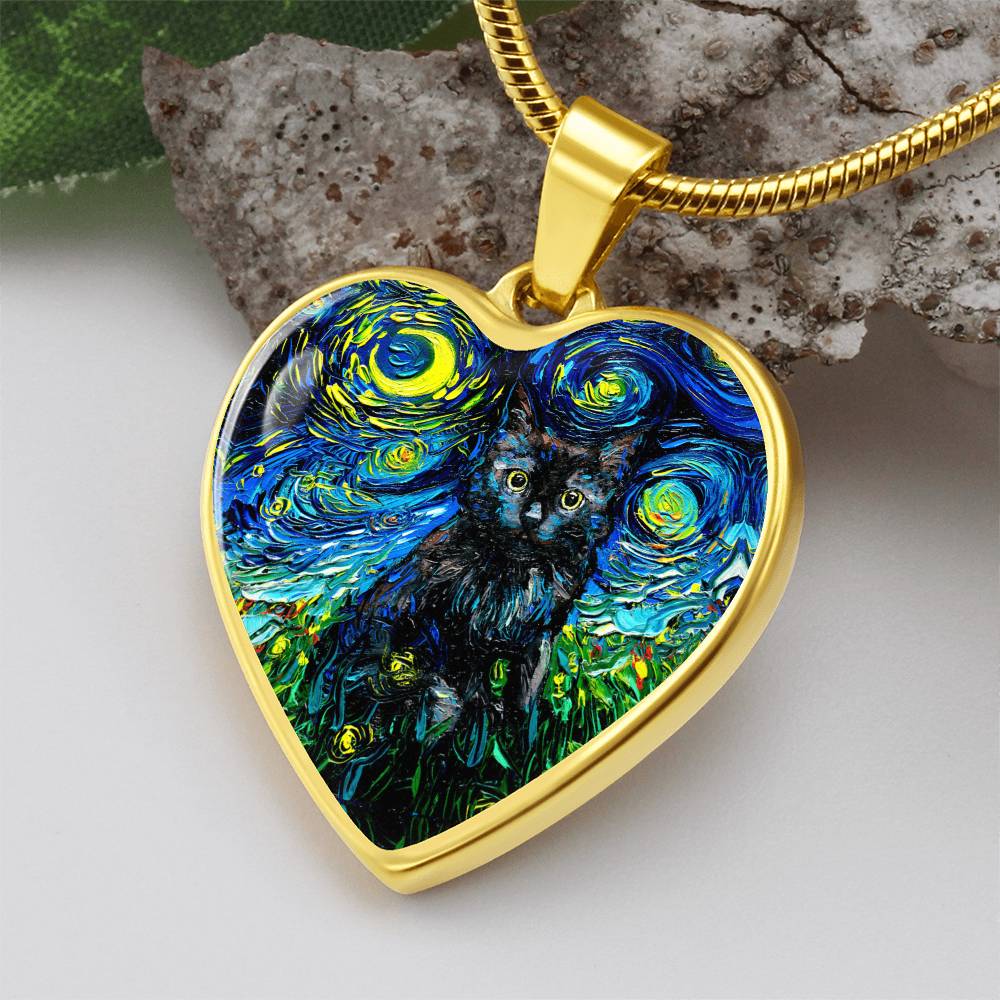 Black Cat Portrait Starry Night Heart Necklace