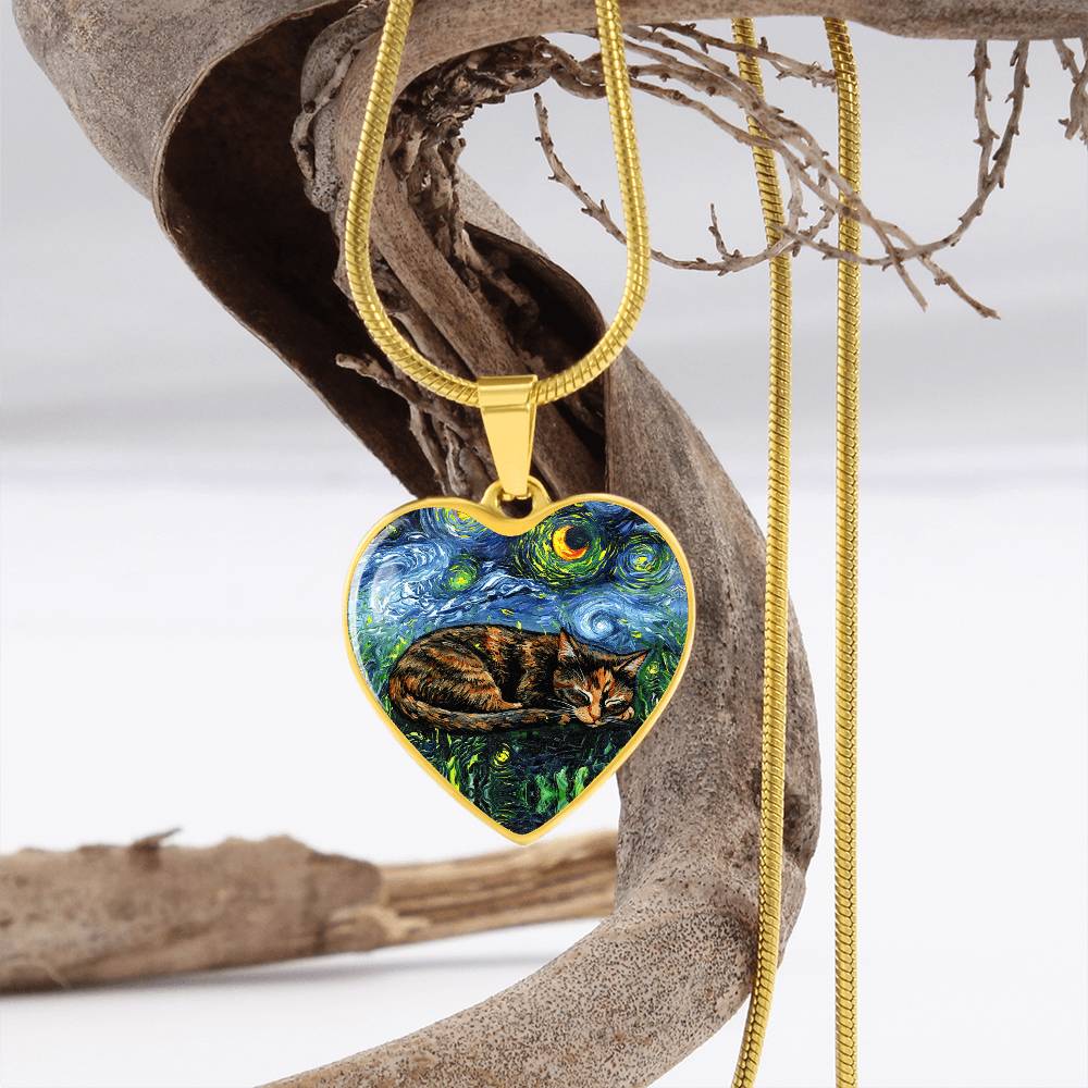 Sleepy Tortie Starry Night Heart Necklace