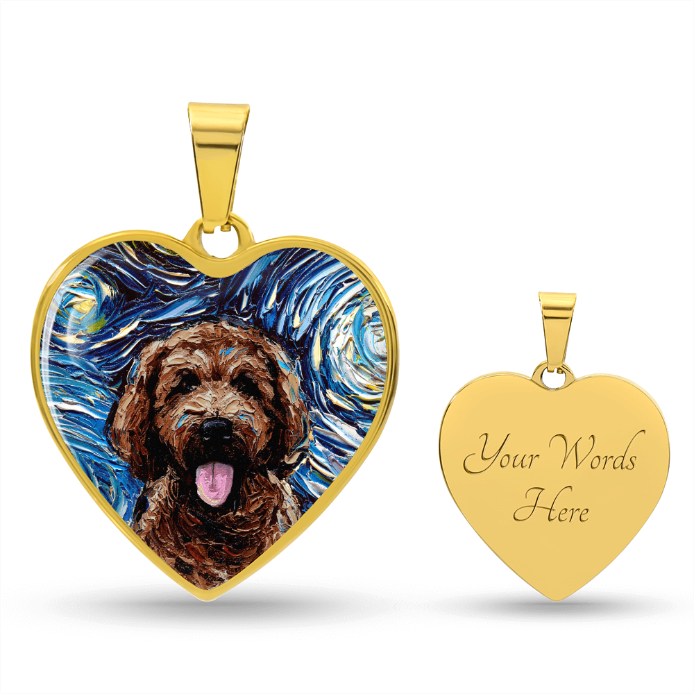 Brown Goldendoodle Portrait Starry Night Heart Necklace