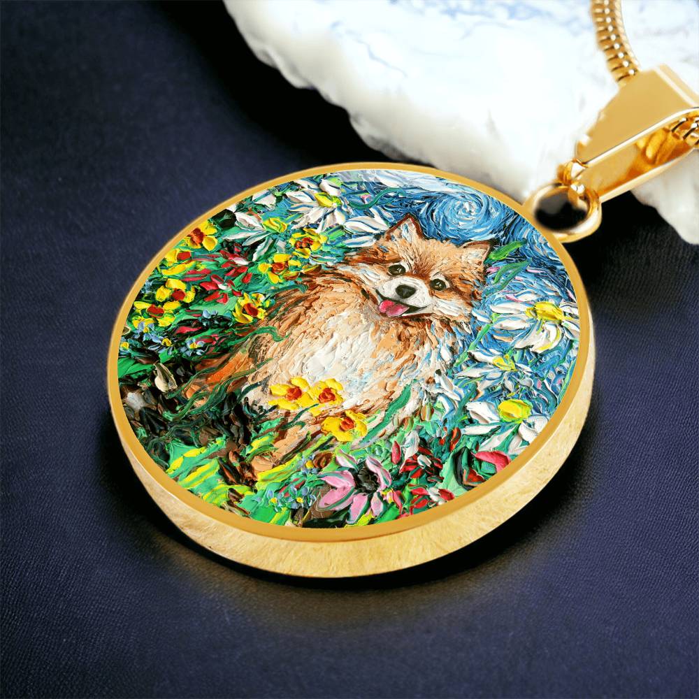 Happy Pomeranian Starry Night Round Necklace