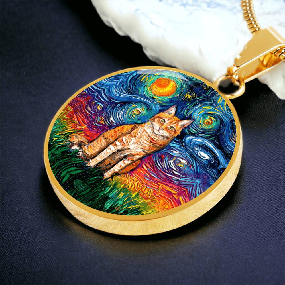 Seated Orange Tabby Cat Starry Night Heart Necklace