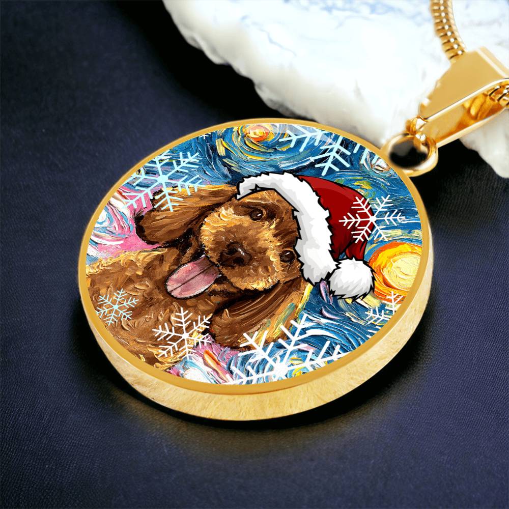 Apricot Poodle In Santa Hat Starry Night Round Necklace