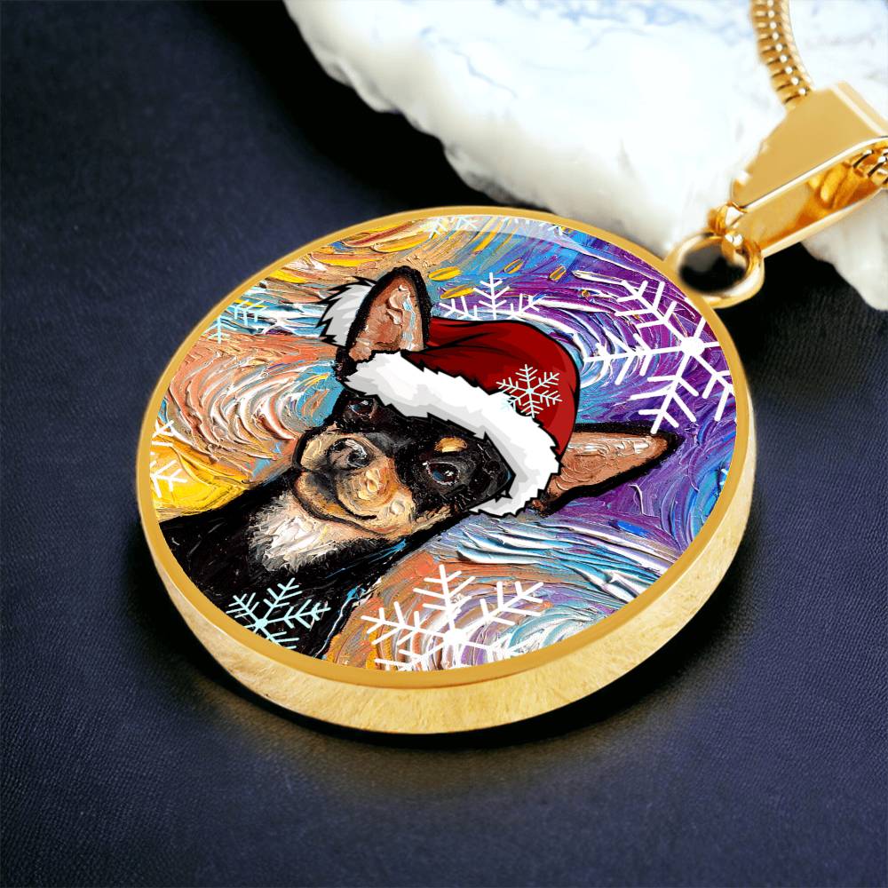 Black and Tan Chihuahua In Santa Hat Starry Night Round Necklace