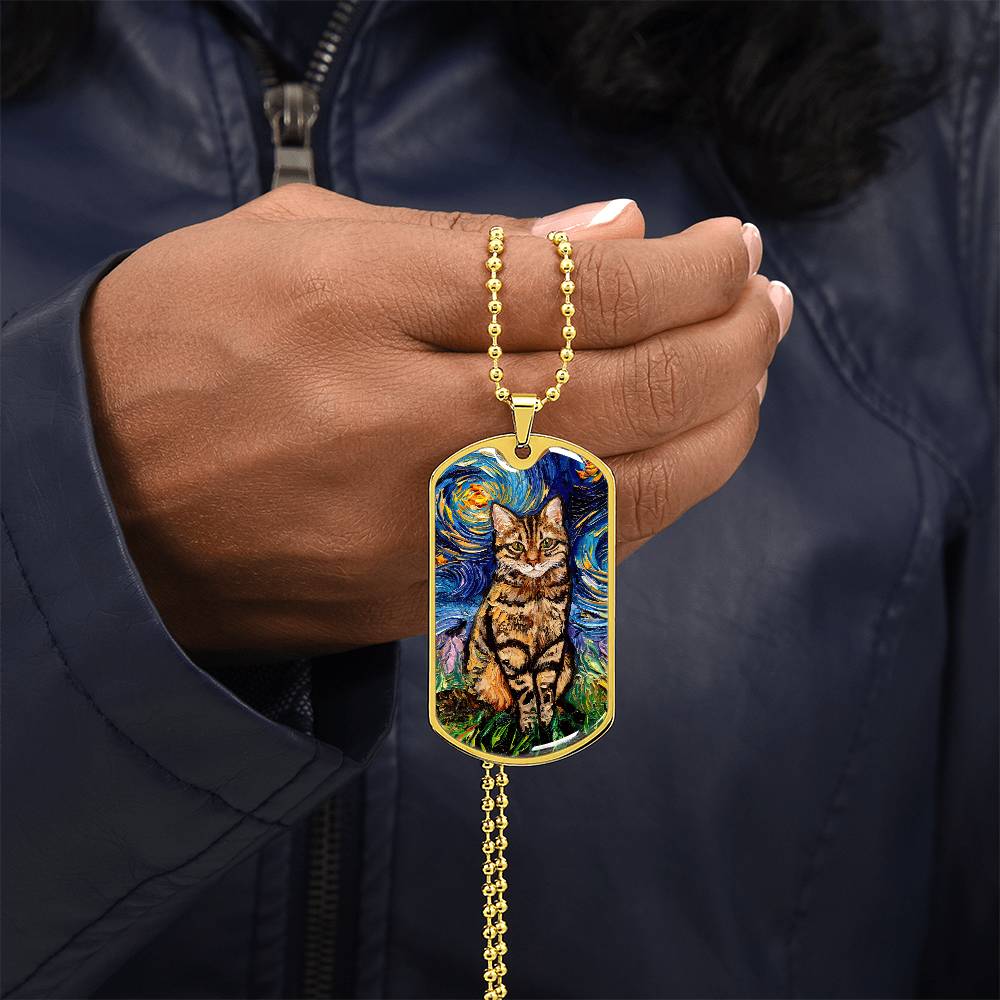 Brown Tabby Cat Starry Night Dog Tag Necklace