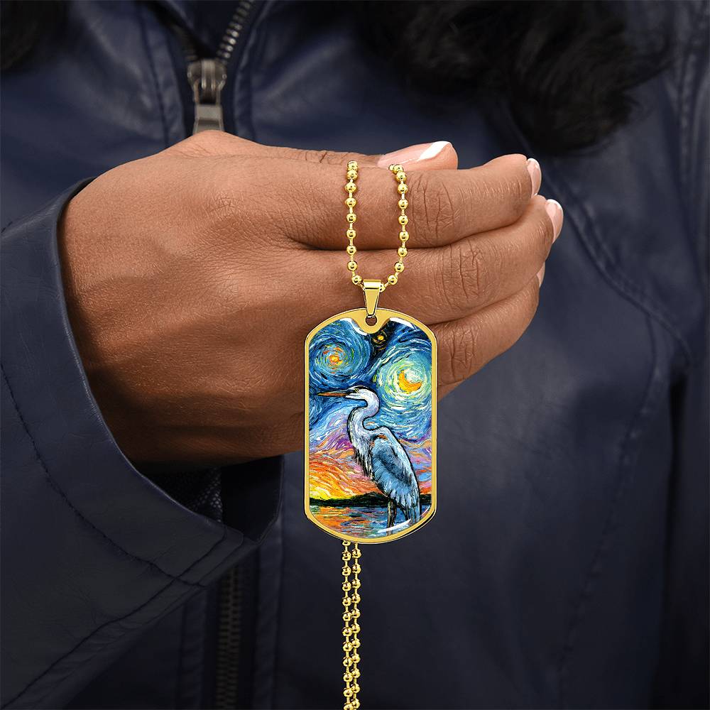 Blue Heron Starry Night Dog Tag Necklace